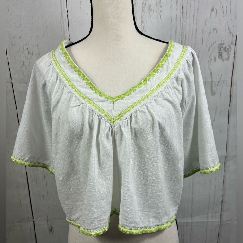 Zara Cropped Boho Top White Green Lime Trim